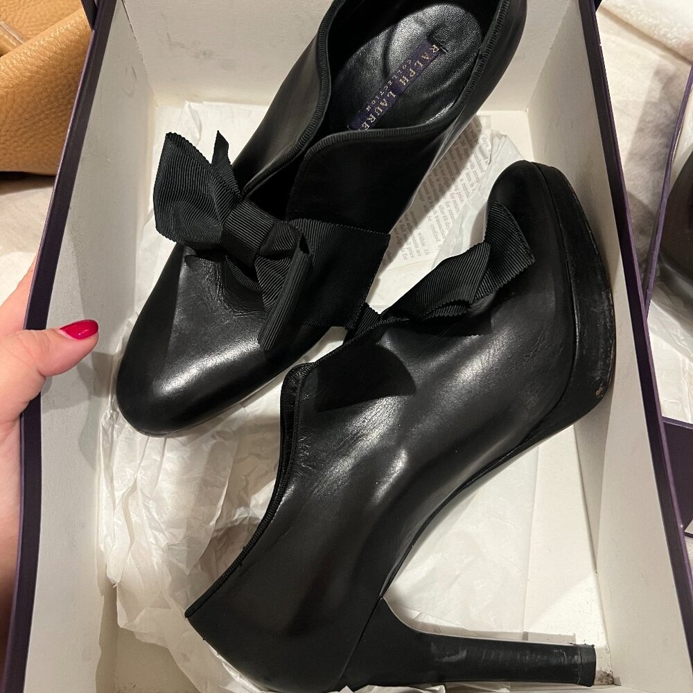 Ralph Lauren Leather Heels w/ Bow, Black Calf (Box Included)